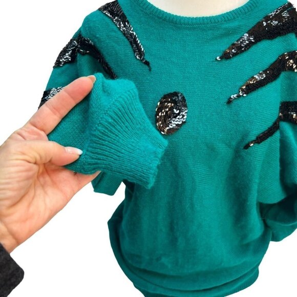 vintage 80's Green Crew Neck Sweater Black Sequin Detailing Size M - Picture 3 of 11